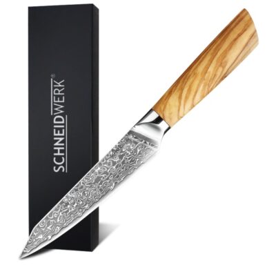 Schneidwerk Allzweckmesser aus Damaststahl mit Griff aus Olive