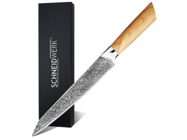 Schneidwerk Fleischmesser aus Damaststahl mit Griff aus Olive